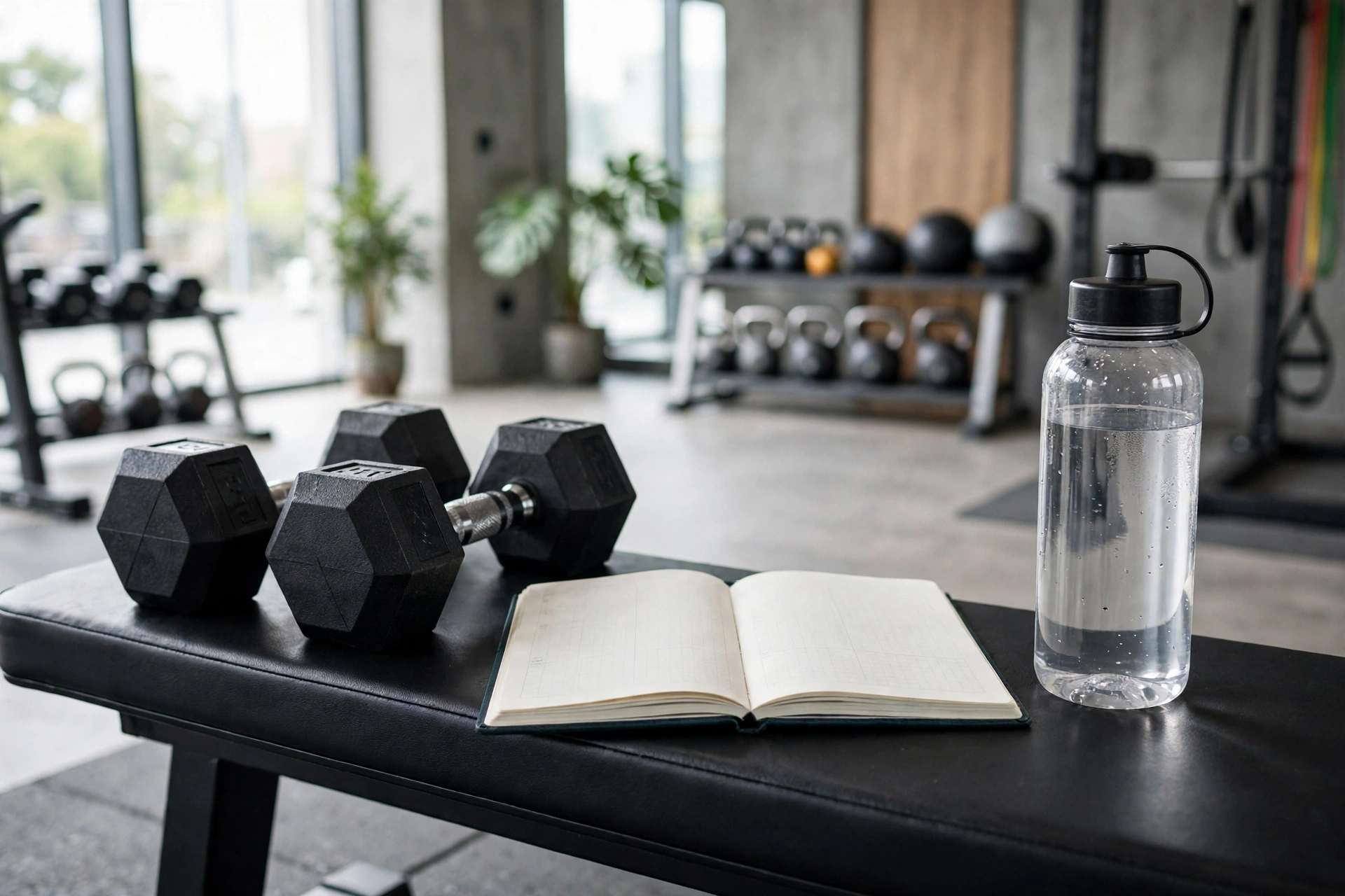 Dumbbells, an open training planner notebook and a water bottle on a gym bench