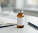 A small amber glass pharmaceutical vial with a blank label on a laboratory bench beside an open notebook and a pen.