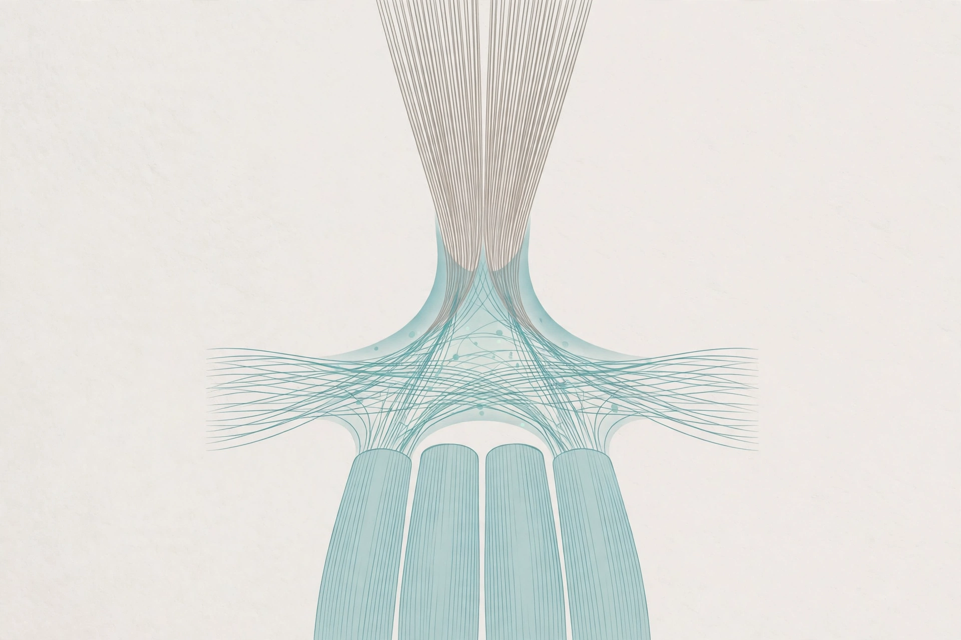 Minimal scientific illustration of tendon and muscle fibres healing in soft teal and grey tones