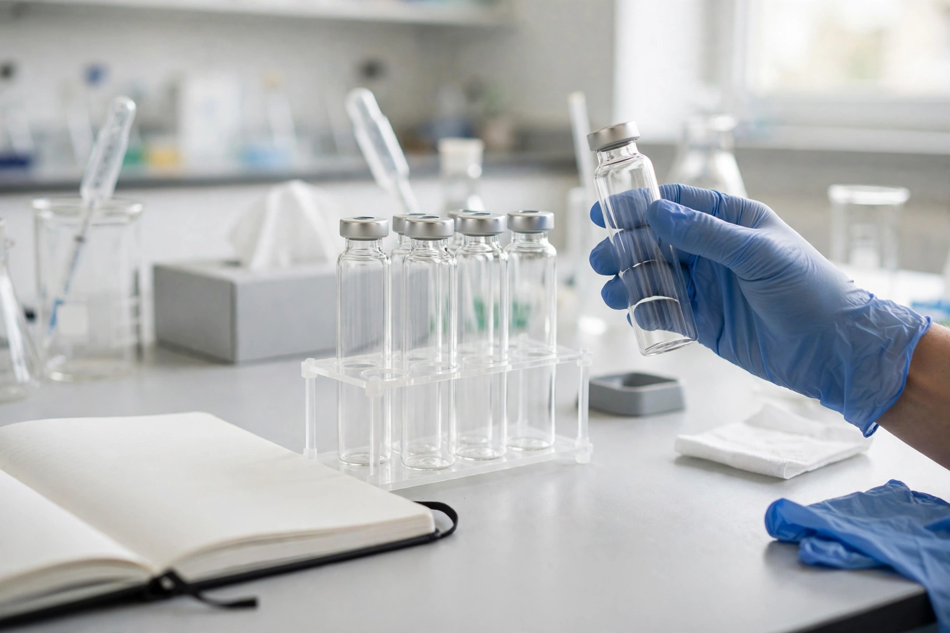 Gloved hand holding an unlabelled research vial above a laboratory bench with a notebook