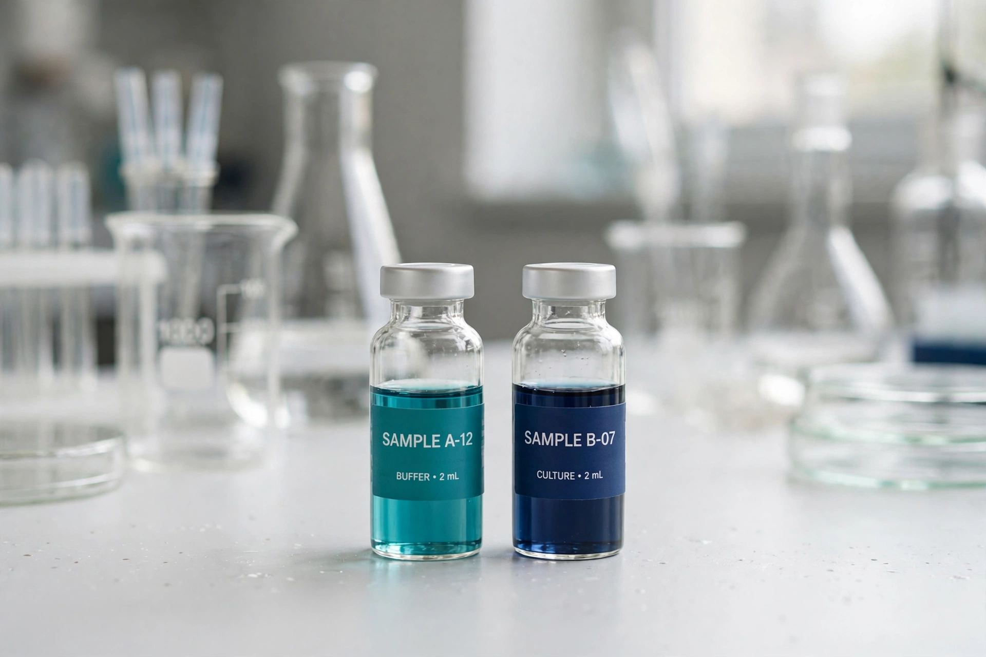 Two research peptide vials on a laboratory bench illustrating the BPC-157 versus TB-500 comparison