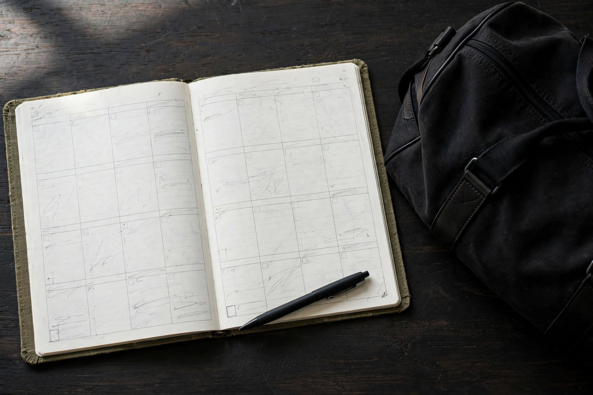 Open weekly planner notebook beside a gym bag on a dark desk