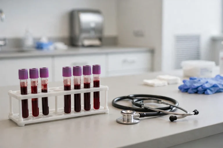 Blood sample vials in a clinical laboratory — bloodwork is the foundation of estrogen management on cycle