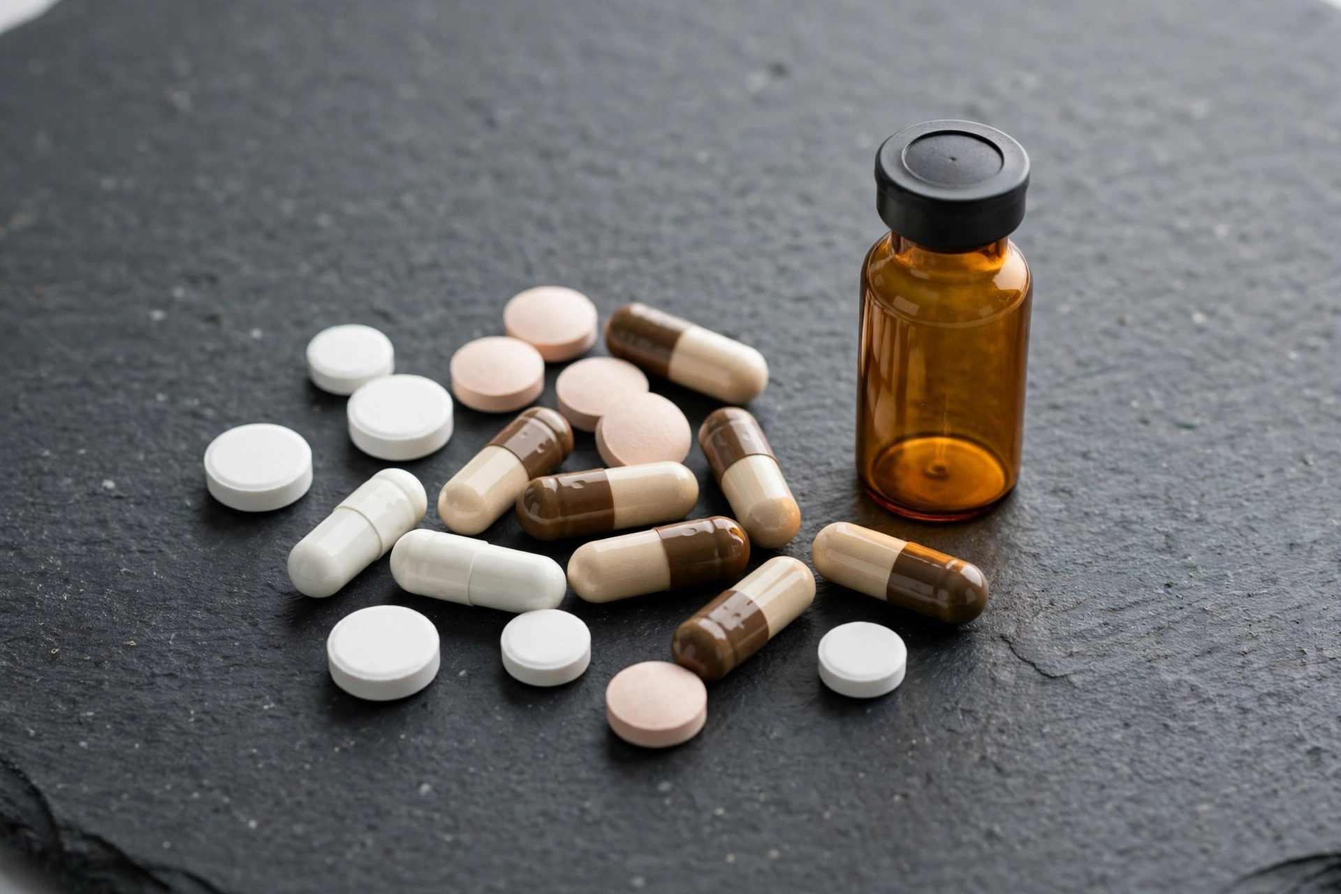 Pharmaceutical tablets and a medicine vial on a dark surface representing aromatase inhibitors and SERMs used for estrogen control