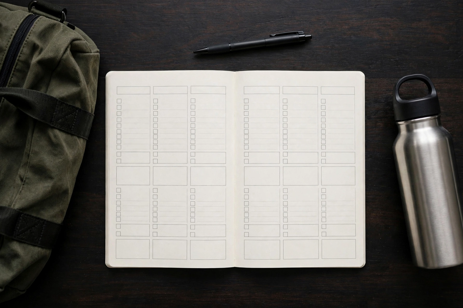 Open weekly training planner notebook beside a gym bag, pen and water bottle on a dark desk.