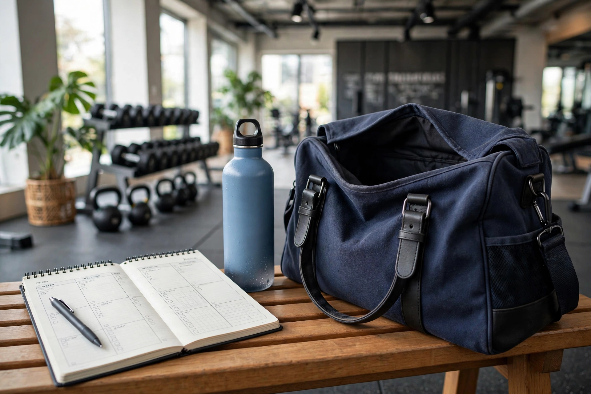 Weekly training planner, water bottle and gym bag on a bench in a gym