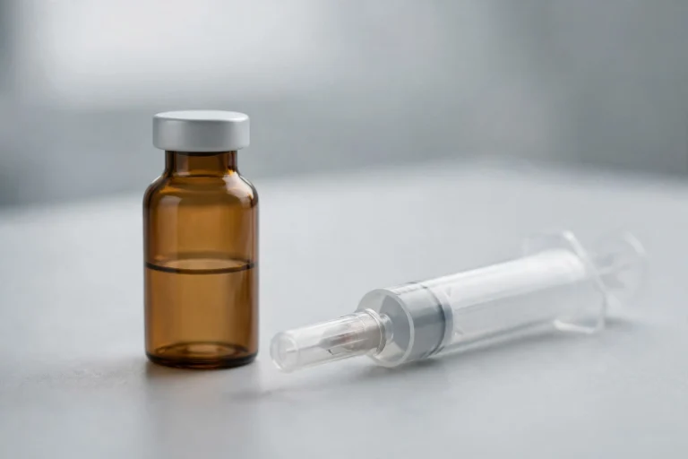 Amber glass medicine vial and capped sterile syringe on a clinical surface