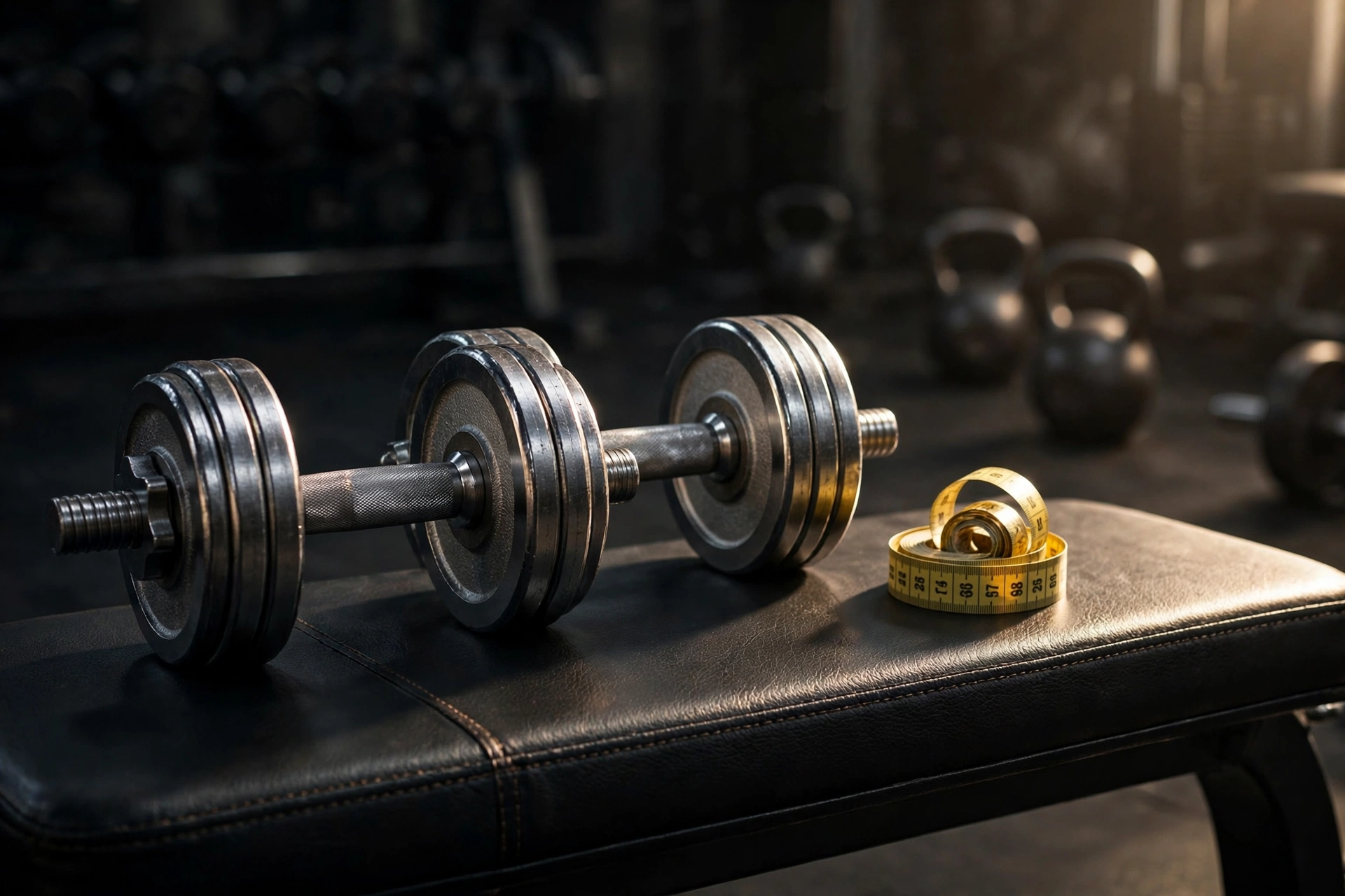 Steel dumbbells and a measuring tape on a dark gym bench, representing a cutting phase