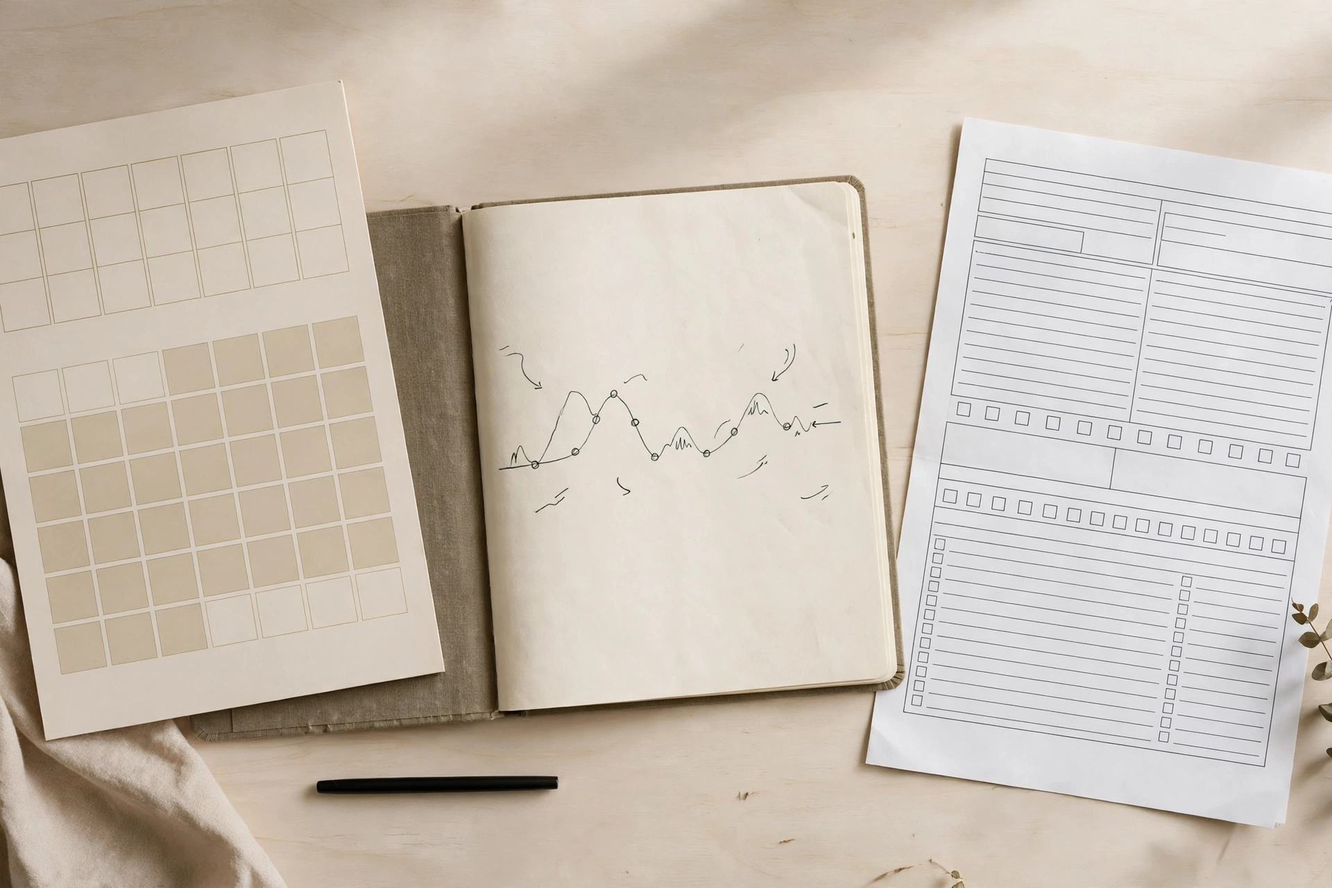 Flat-lay photograph of a calendar, a notebook with a hand-drawn hormone recovery timeline, and a blank blood test form on a light desk, illustrating PCT planning and bloodwork