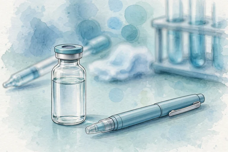 Illustration of a semaglutide peptide vial and injection pen on a laboratory bench
