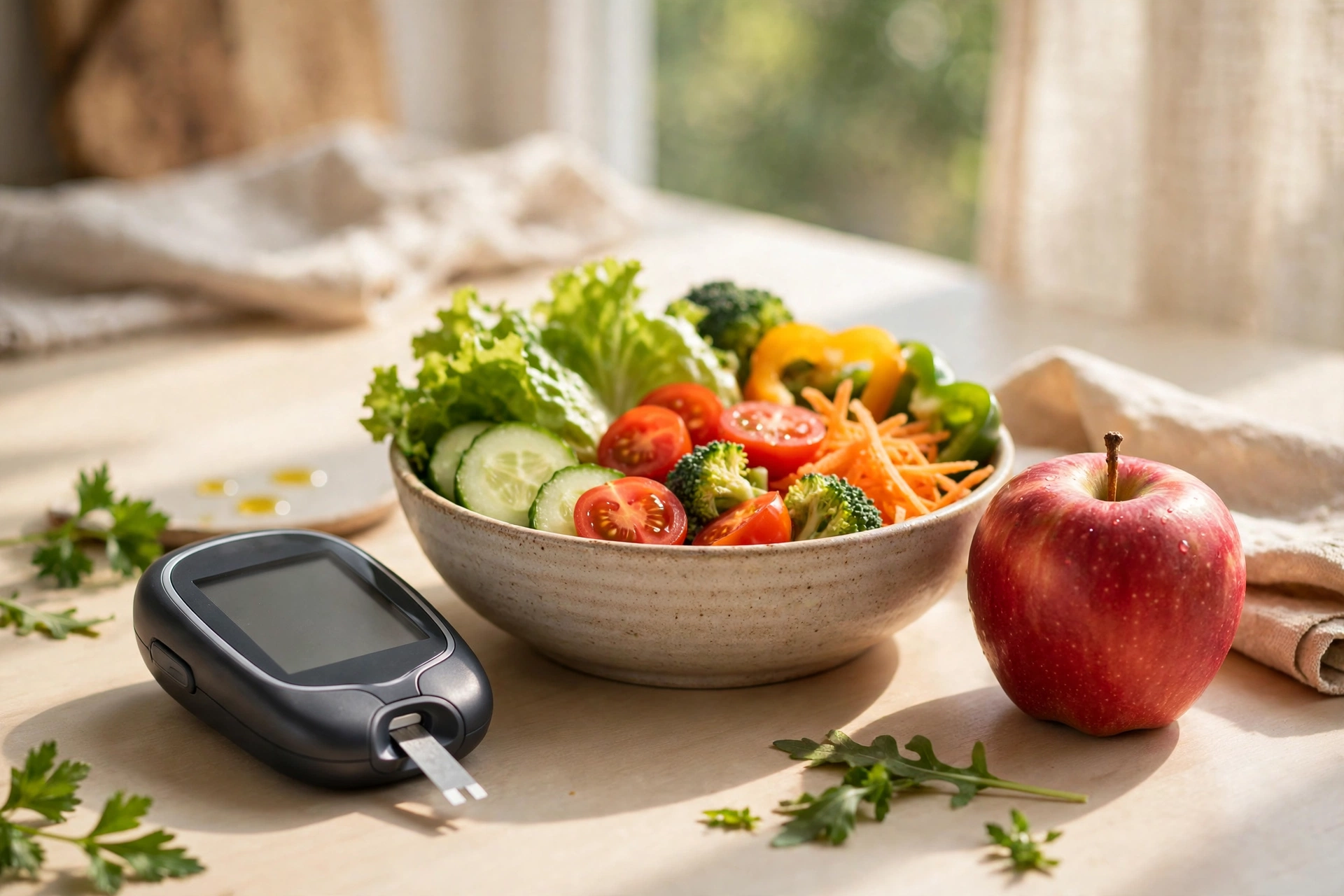 Glucose meter beside fresh vegetables and fruit, illustrating metabolic health and portion control