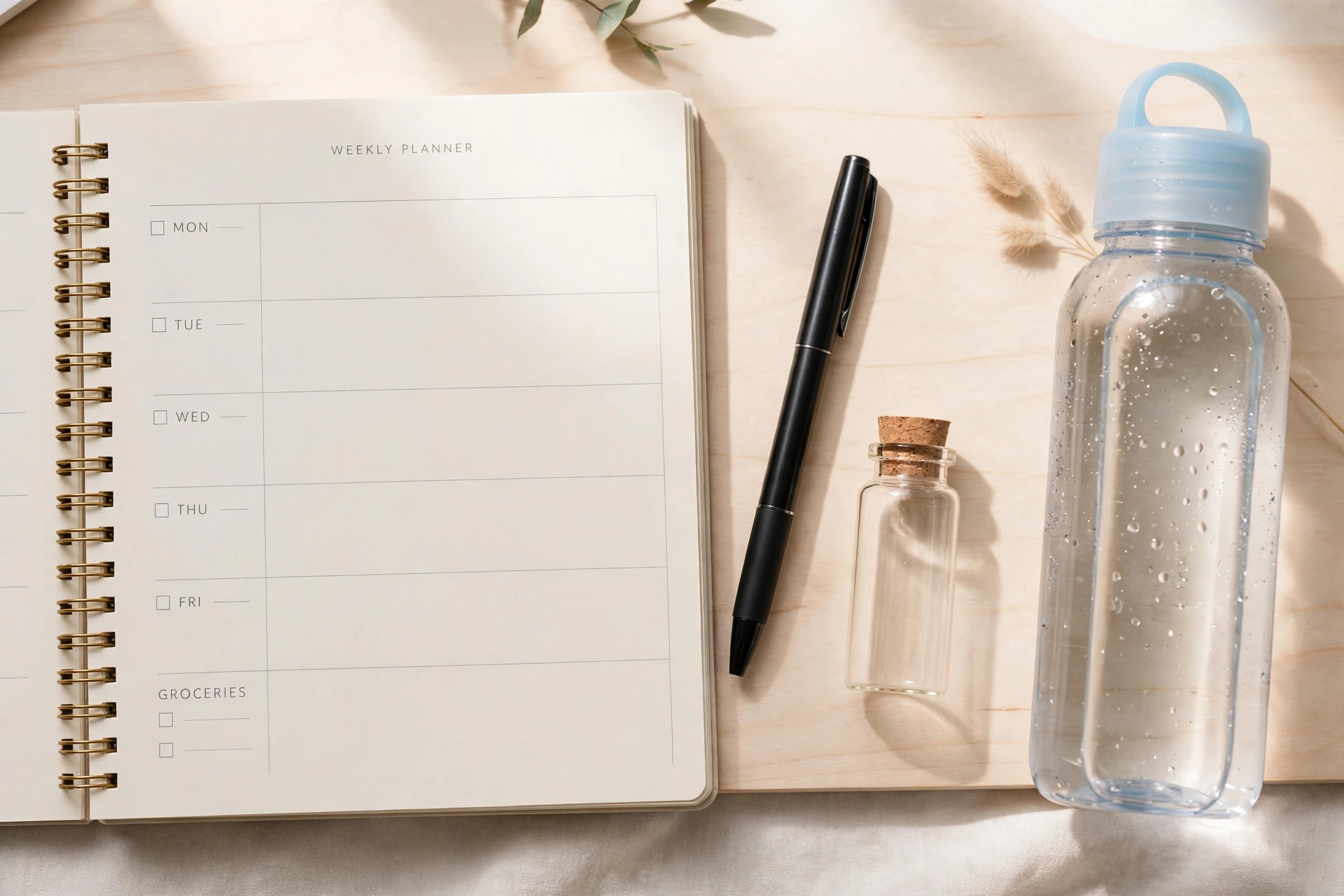 Weekly planner notebook, pen, small vial and water bottle on a desk
