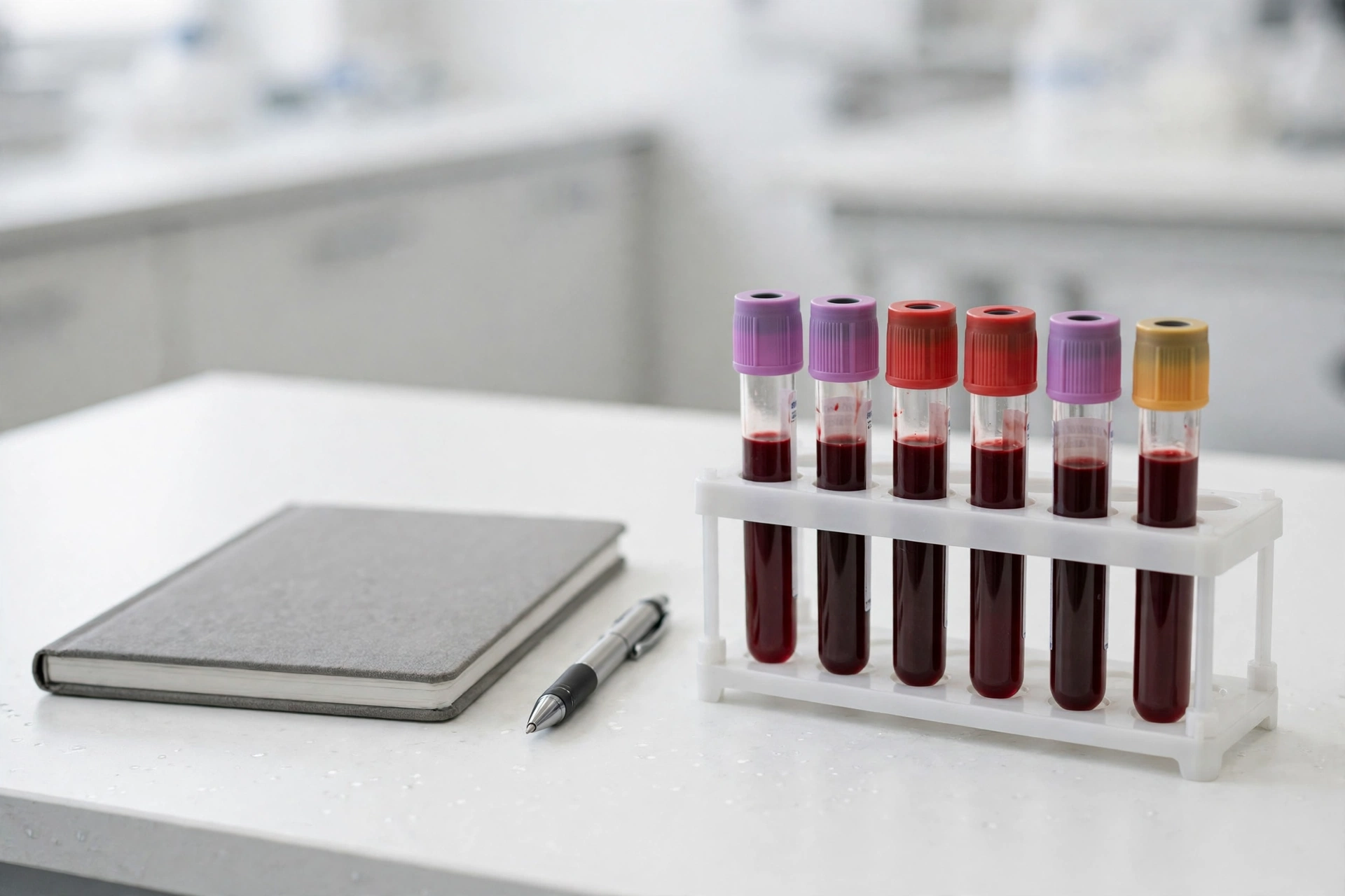 Blood sample tubes in a rack on a laboratory bench beside a notebook and pen