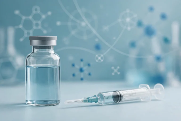 Illustration of a tirzepatide peptide vial and syringe in a modern laboratory setting