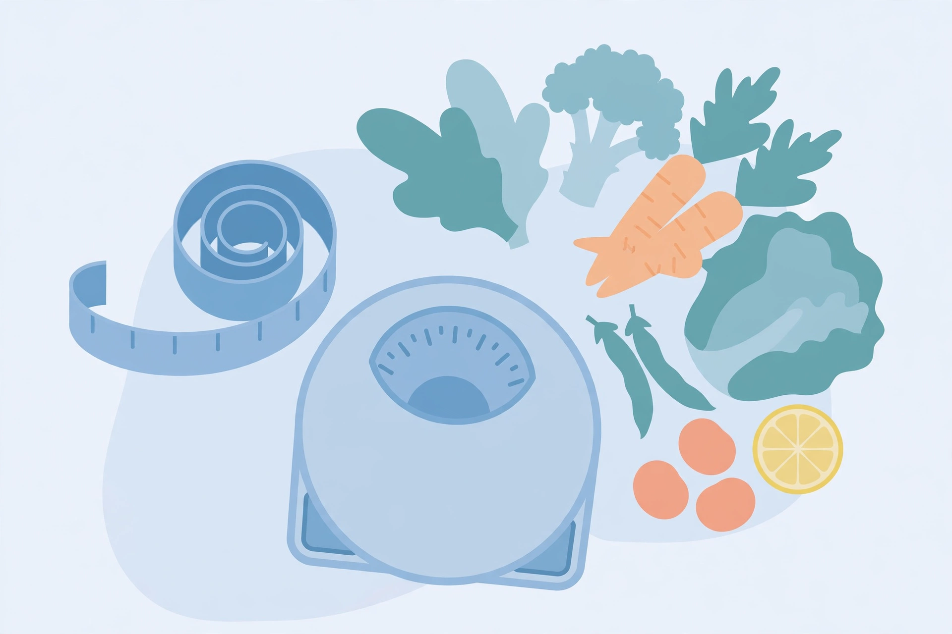 Illustration of a bathroom scale, measuring tape and vegetables representing weight management