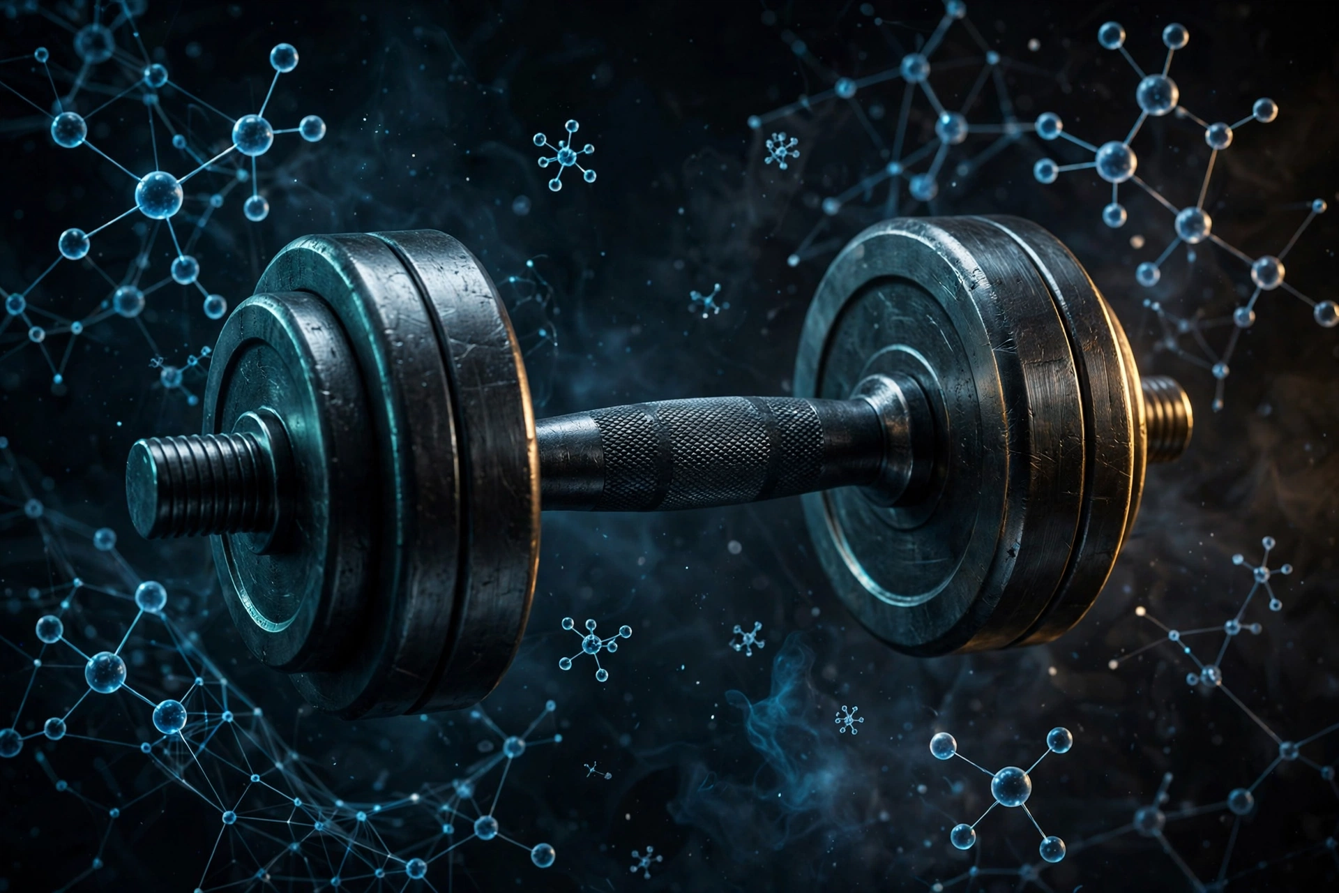 Abstract dark composition of a dumbbell with blue molecular mesh patterns and teal-amber cinematic lighting, illustrating trenbolone's systemic effects on the body